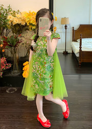 Chinese Style Green Mandarin Collar Patchwork Tulle Chiffon Kids Girls Mid Dress Summer