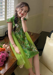Chinese Style Green Mandarin Collar Patchwork Tulle Chiffon Kids Girls Mid Dress Summer
