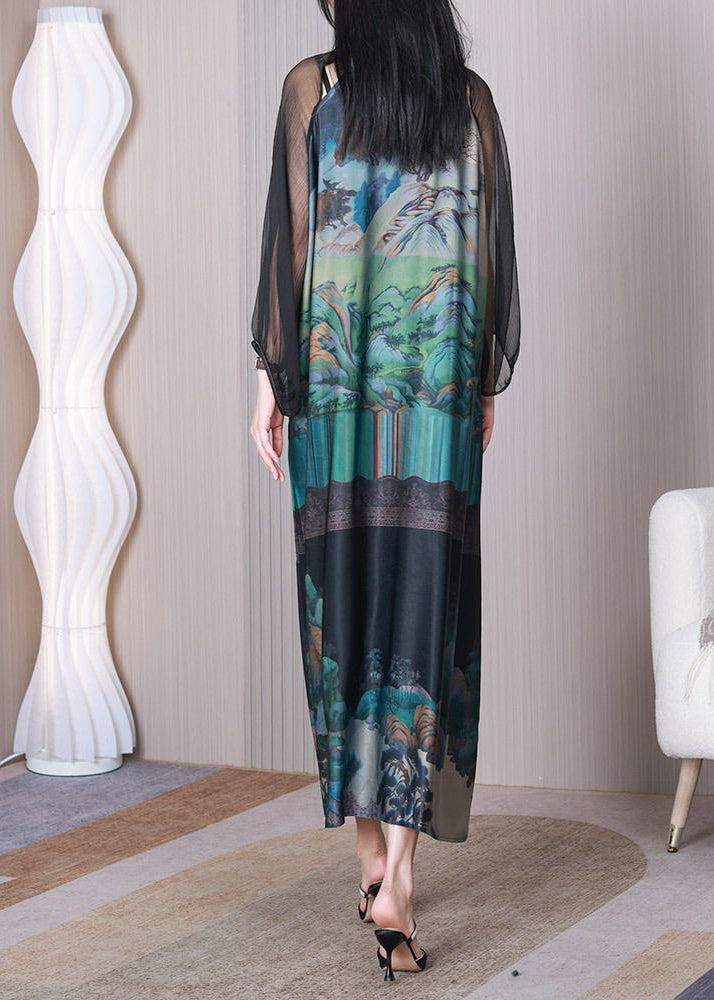 Chinese Style Green Mandarin Collar Print Hollow Out Silk Dresses Summer
