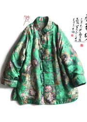 Chinese Style Green Print Chinese Button Fine Cotton Filled Puffer Jacket Winter