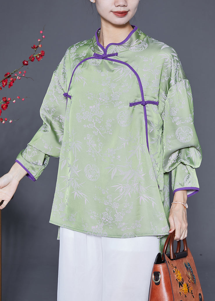 Chinese Style Green Print Chinese Button Silk Shirts Spring