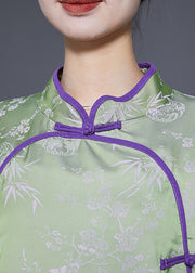 Chinese Style Green Print Chinese Button Silk Shirts Spring