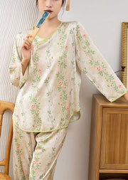 Chinese Style Green Print Ice O-Neck Ice Silk Pajamas Two Pieces Set Spring
