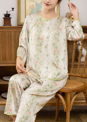 Chinese Style Green Print Ice O-Neck Ice Silk Pajamas Two Pieces Set Spring