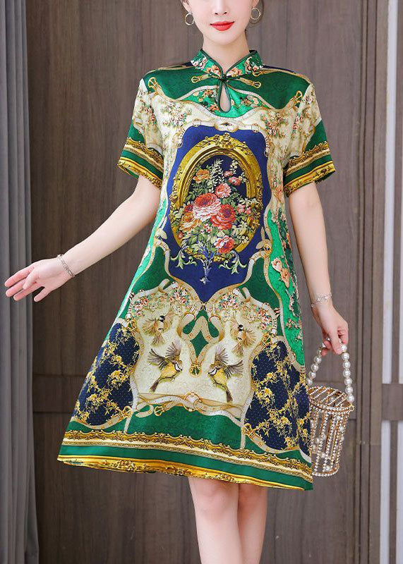 Chinese Style Green Print Mandarin Collar Silk A Line Dress Summer