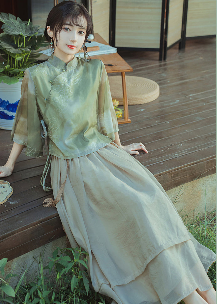 Chinese Style Green Print Tops And Light Khaki Pleated Skirt Chiffon Two Pieces Set Summer