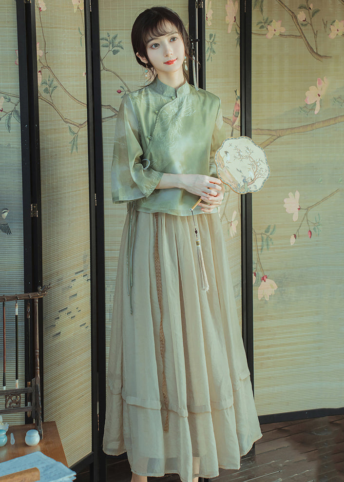 Chinese Style Green Print Tops And Light Khaki Pleated Skirt Chiffon Two Pieces Set Summer