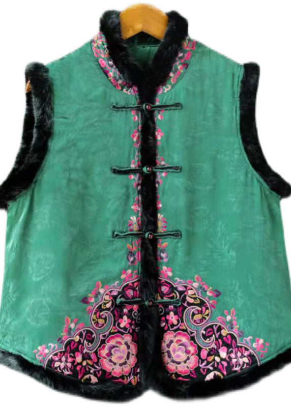 Chinese Style Green Rabbit Hair Collar Embroidered Floral Thick Cotton Waistcoat Sleeveless