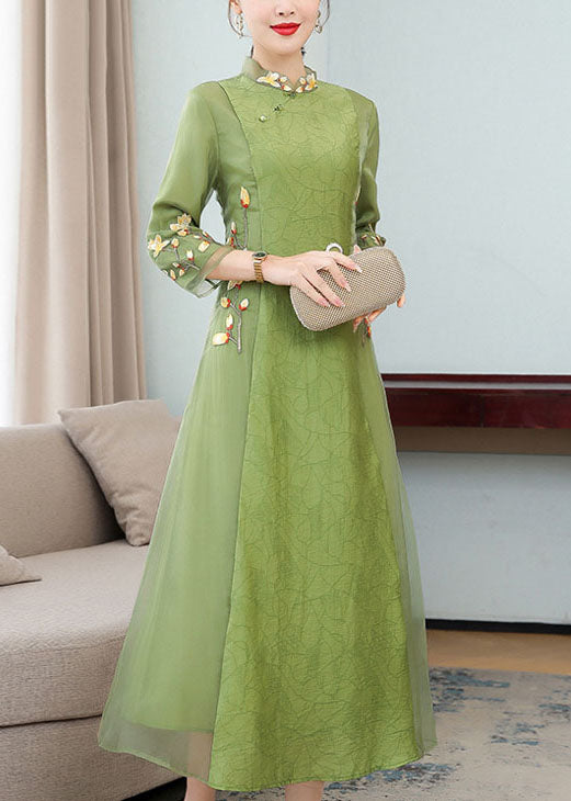 Chinese Style Green Ruffled Embroidered Patchwork Chiffon Dresses Bracelet Sleeve