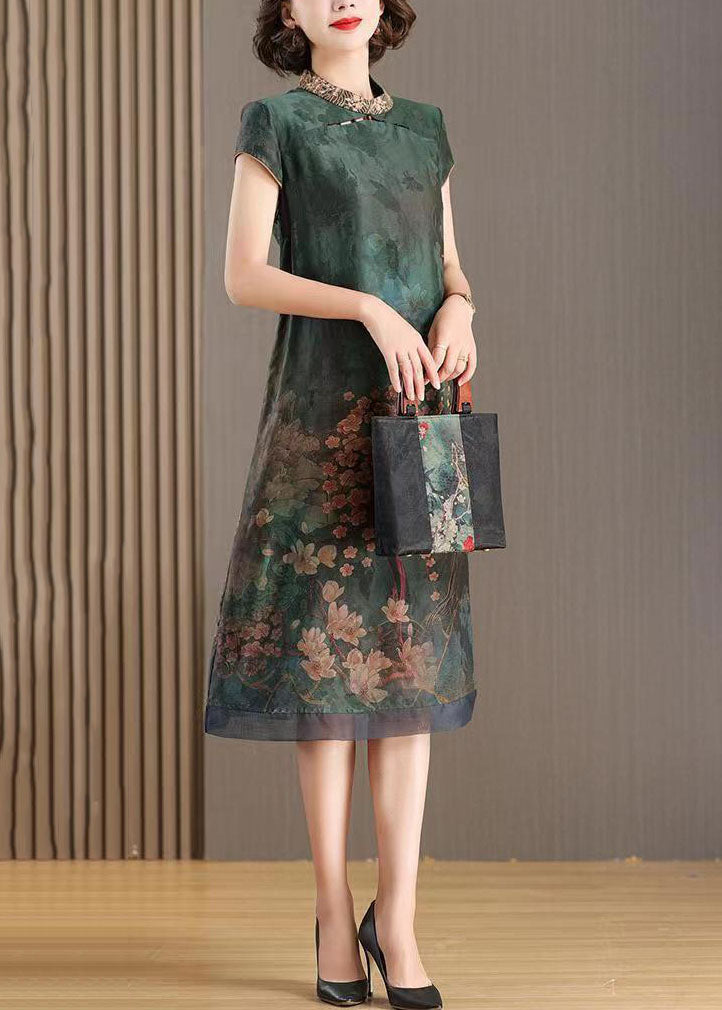 Chinese Style Green Stand Collar Embroidered Patchwork Silk Dresses Summer