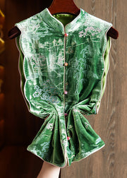 Chinese Style Green Stand Collar Embroidered Silk Velour Vest Tops Sleeveless