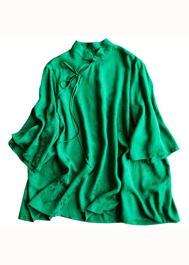 Chinese Style Green Stand Collar Jacquard Patchwork Silk Shirt Spring