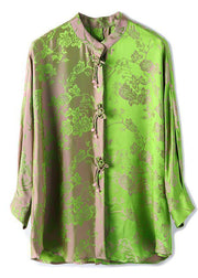 Chinese Style Green Stand Collar Jacquard Silk Shirt Fall