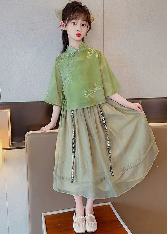 Chinese Style Green Stand Collar Patchwork Chiffon Baby Girls Two Pieces Set Summer