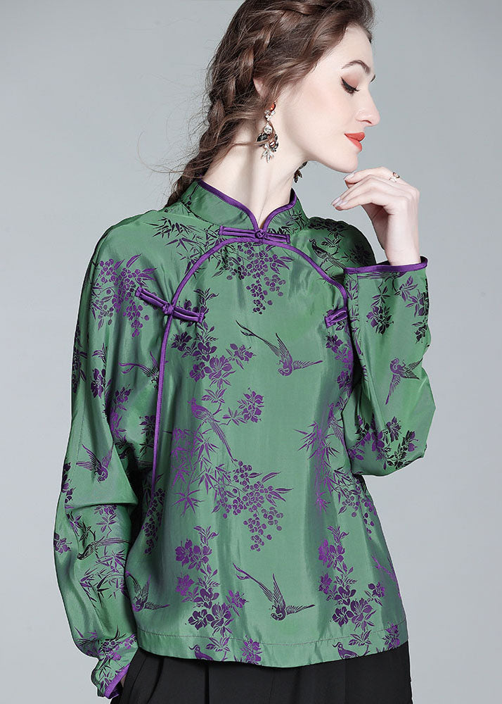 Chinese Style Green Stand Collar Patchwork Jacquard Silk Shirt Spring