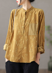 Chinese Style Green Stand Collar Print Button Corduroy Shirt Long Sleeve
