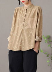 Chinese Style Green Stand Collar Print Button Corduroy Shirt Long Sleeve
