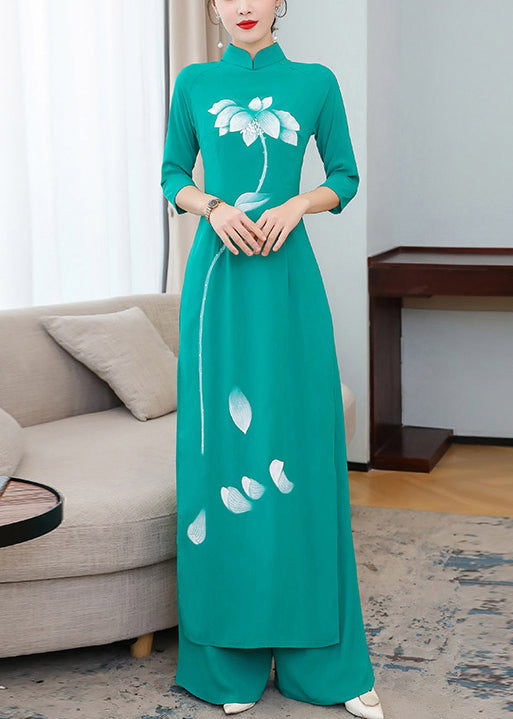 Chinese Style Green Stand Collar Print Patchwork Chiffon Two Pieces Set Fall
