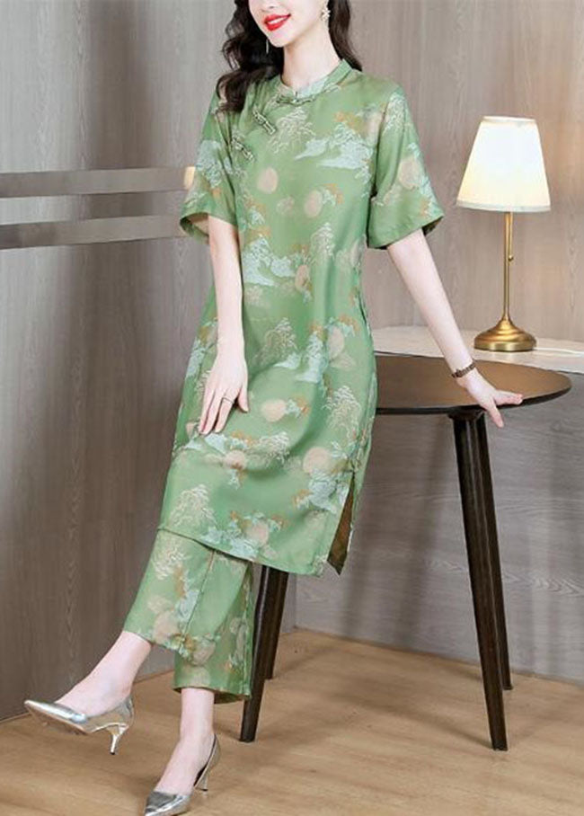 Chinese Style Green Stand Collar Print Silk Two Pieces Set Summe