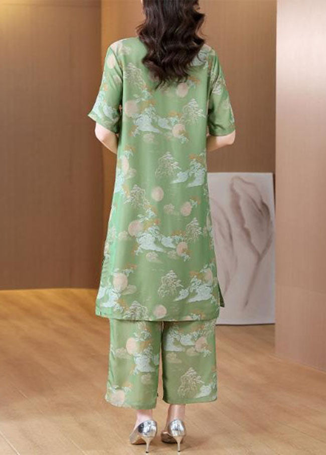 Chinese Style Green Stand Collar Print Silk Two Pieces Set Summe