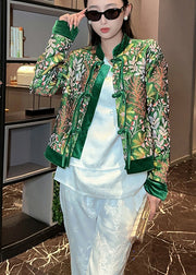 Chinese Style Green Stand Collar Tasseled Print Velour Jacket Spring