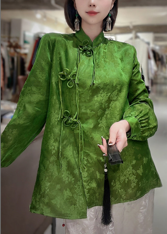 Grüner Stehkragen im chinesischen Stil mit seitlich offenem Jacquard-Seidenoberteil mit langen Ärmeln