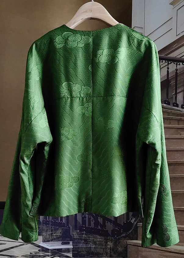 Chinese Style Green Tasseled Button Jacquard Silk Coats Spring