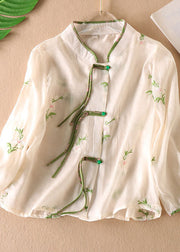 Chinese Style Green Tasseled Embroidered Patchwork Tulle Shirt Top Long sleeve