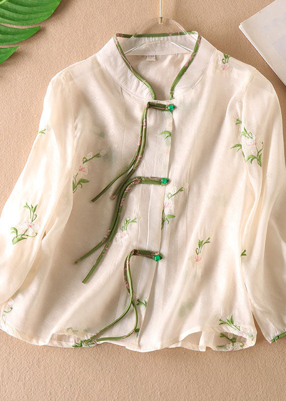 Chinese Style Green Tasseled Embroidered Patchwork Tulle Shirt Top Long sleeve