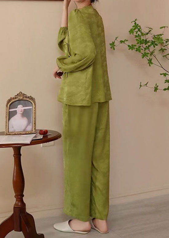 Chinese Style Green Tasseled Patchwork Ice Silk Pajamas Two Pieces Set Spring