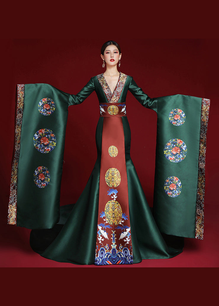 Chinese Style Green V Neck Embroidered Patchwork Dresses Long Sleeve