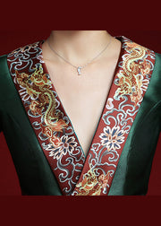 Chinese Style Green V Neck Embroidered Patchwork Dresses Long Sleeve