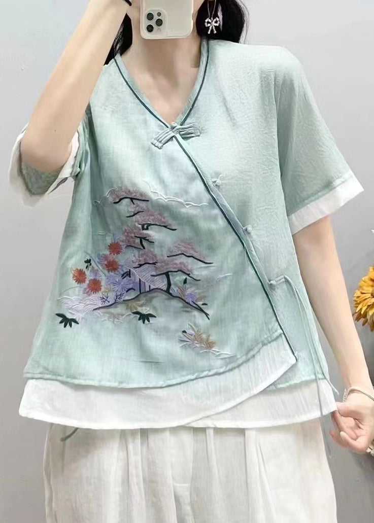 Chinese Style Green V Neck Embroidered Patchwork Linen Tops Summer