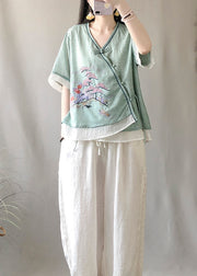 Chinese Style Green V Neck Embroidered Patchwork Linen Tops Summer