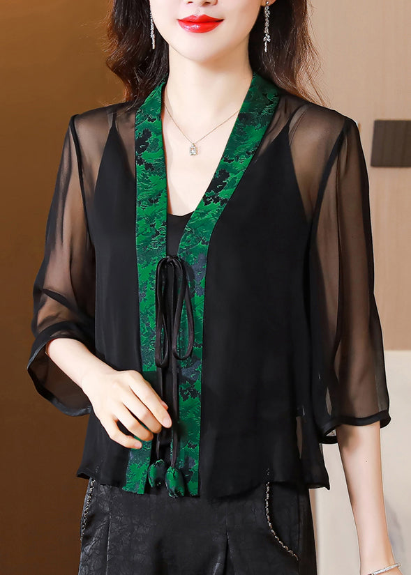 Chinese Style Green V Neck Lace Up Patchwork Silk Cardigan Summer