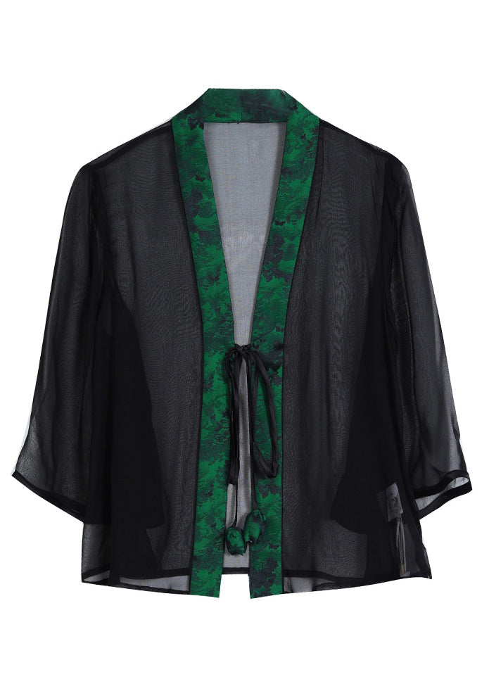 Chinese Style Green V Neck Lace Up Patchwork Silk Cardigan Summer