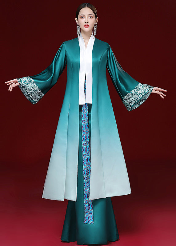 Chinese Style Green V Neck Patchwork Silk Two Piece Set Outfits Long Sleeve