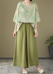 Chinese Style Green V Neck Print Patchwork Linen Shirt Tops Summer