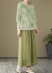 Chinese Style Green V Neck Print Patchwork Linen Shirt Tops Summer