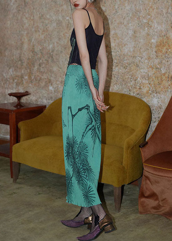 Chinese Style Green Wrinkled Print Silk Skirts Spring