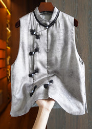 Chinese Style Grey Stand Collar Button Parka Waistcoat Sleeveless
