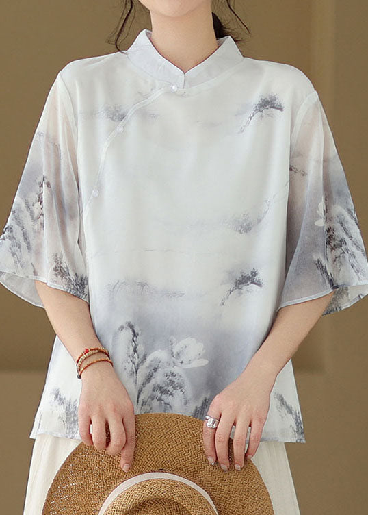 Chinese Style Grey Stand Collar Print Patchwork Silk Top Summer