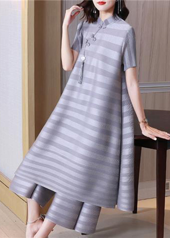 Chinese Style Grey Striped Wrinkled Tassel Dress And Pant Two Pieces Set Spring