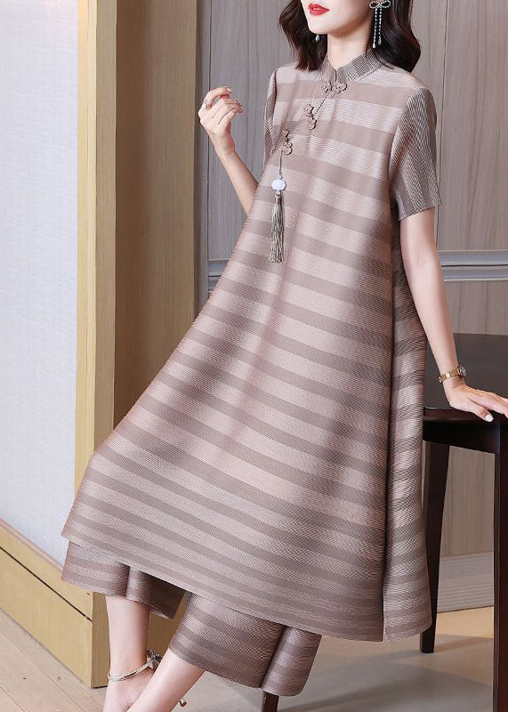 Chinese Style Grey Striped Wrinkled Tassel Dress And Pant Two Pieces Set Spring
