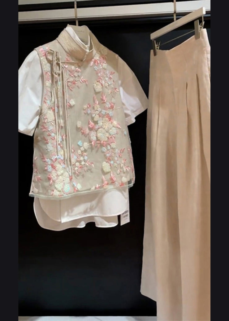 Chinese Style Khaki Embroidered Lace Up Cotton Three Pieces Set Summer