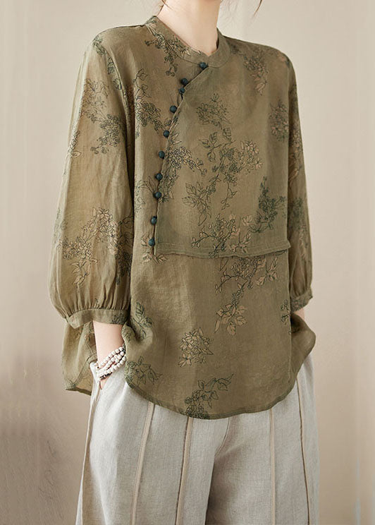 Chinese Style Khaki Green Stand Collar Print Patchwork Linen Shirt Summer