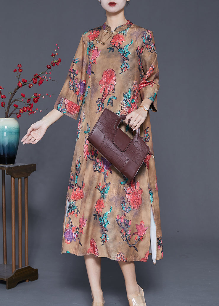 Chinese Style Khaki Print Cheongsam Long Dresses Fall