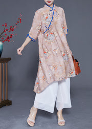 Chinese Style Khaki Ruffled Print Low High Design Cotton Dress Summer