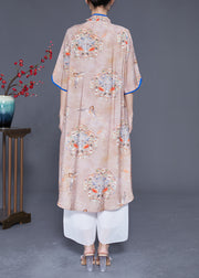 Chinese Style Khaki Ruffled Print Low High Design Cotton Dress Summer