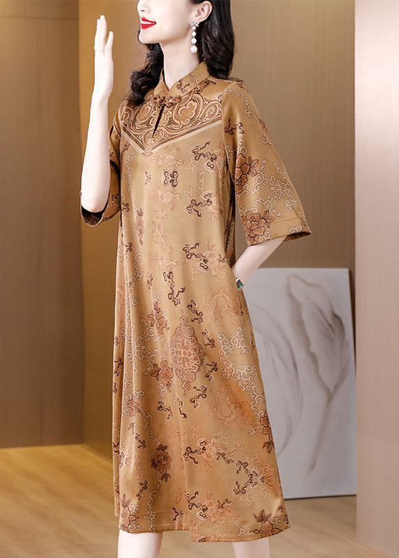 Chinese Style Khaki Stand Collar Chinese Button Print Silk Dresses Half Sleeve